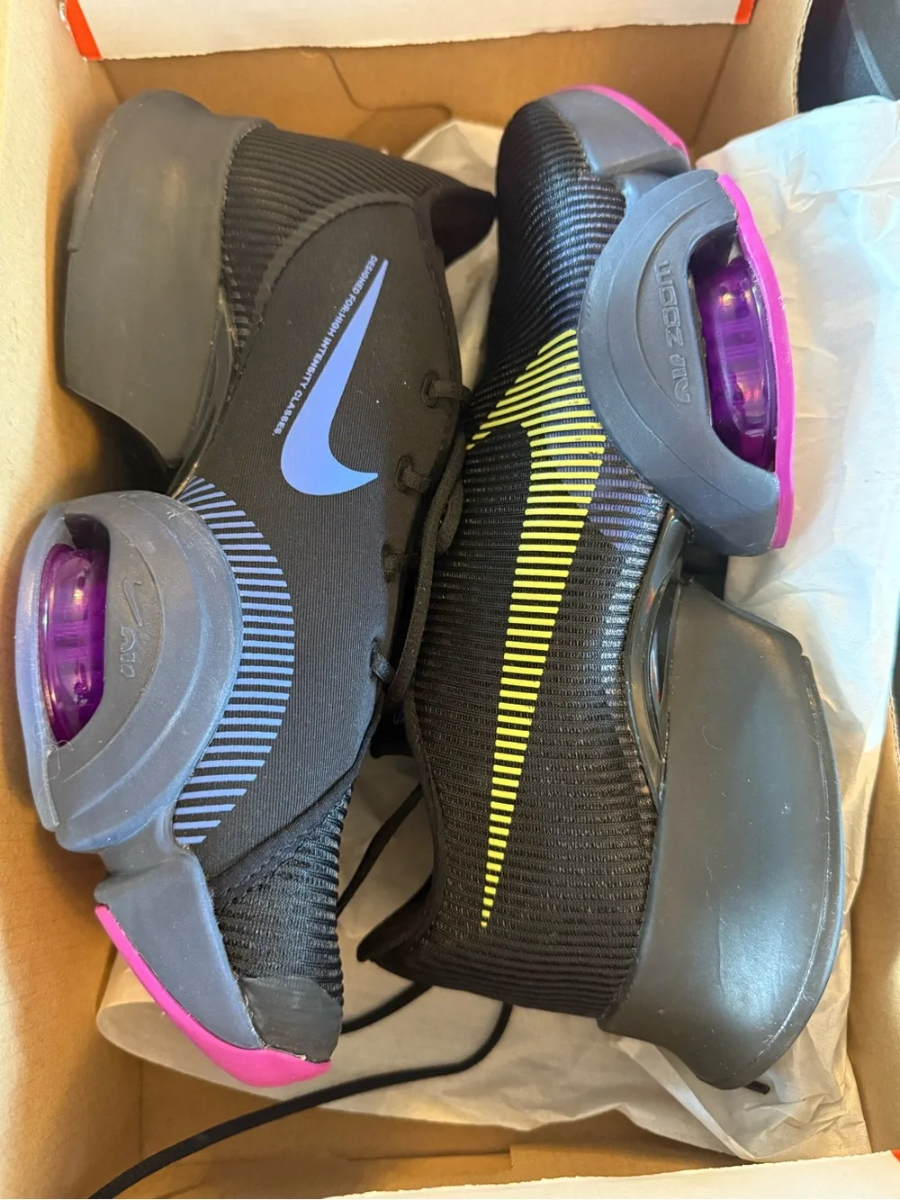Nike Women’s Air Zoom Super Black Athletic Shoes with Yellow and Pink Accents